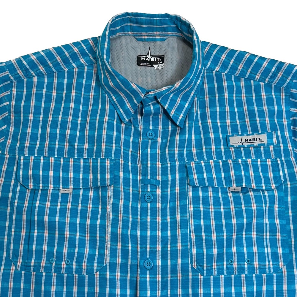 Habit Fishing Shirt Large Fish Finder  Blue Plaid Short Sleeve UPF 40+ TS10293